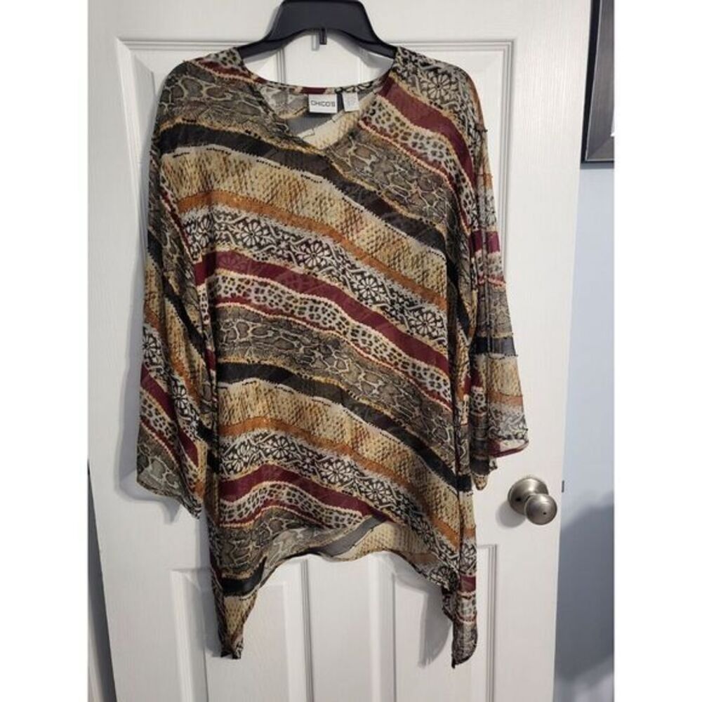 Chico's Women's Multicolor Boho Print Embellished Beaded Silk Blouse Size S/M